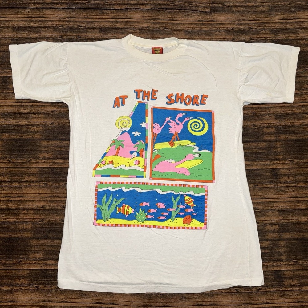 Vintage 90s College Ware USA OSFA "At The Shore" Neon Flamingos